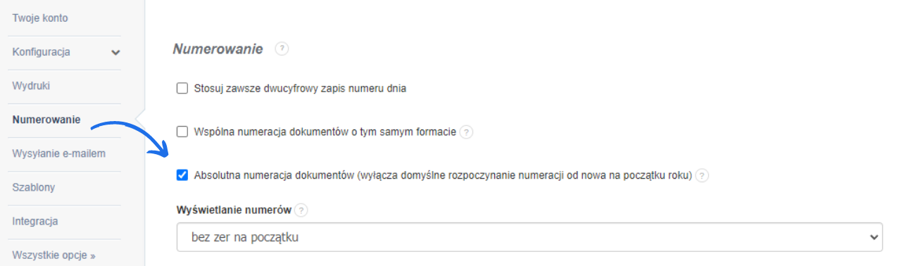 Ekran konfiguracji numerowania w aplikacji Fakturownia, z zaznaczoną opcją absolutnej numeracji dokumentów oraz polem wyboru wyświetlania numerów bez zer na początku.