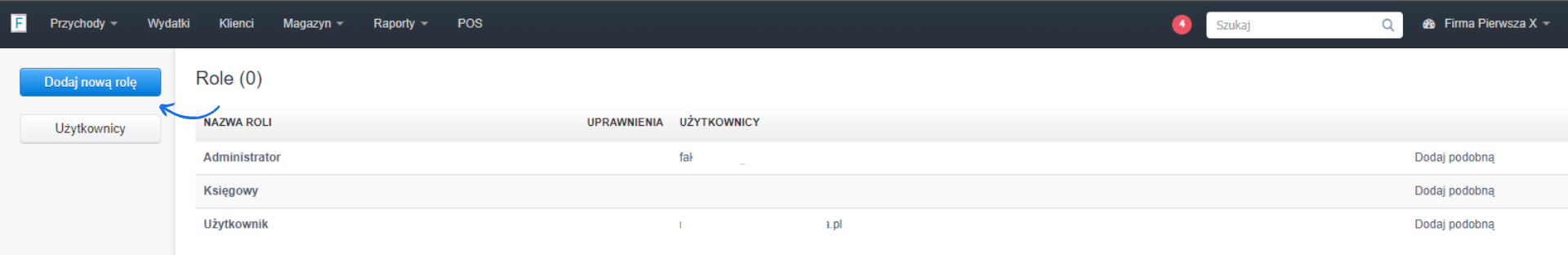 Ekran zarządzania rolami użytkowników w programie do fakturowania – lista ról i przycisk „Dodaj nową rolę”.