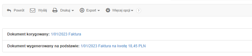Panel systemu Fakturownia.pl z informacją o skorygowanym dokumencie i wygenerowanej fakturze korygującej.