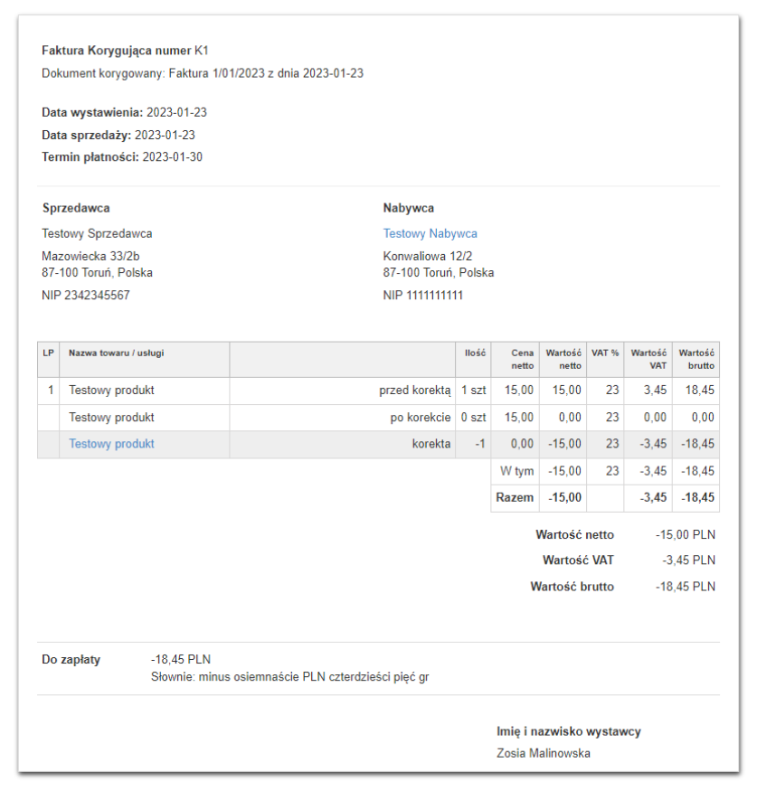 Przykład faktury korygującej z systemu Fakturownia.pl z wyszczególnionymi korektami pozycji, wartościami netto, VAT i brutto.