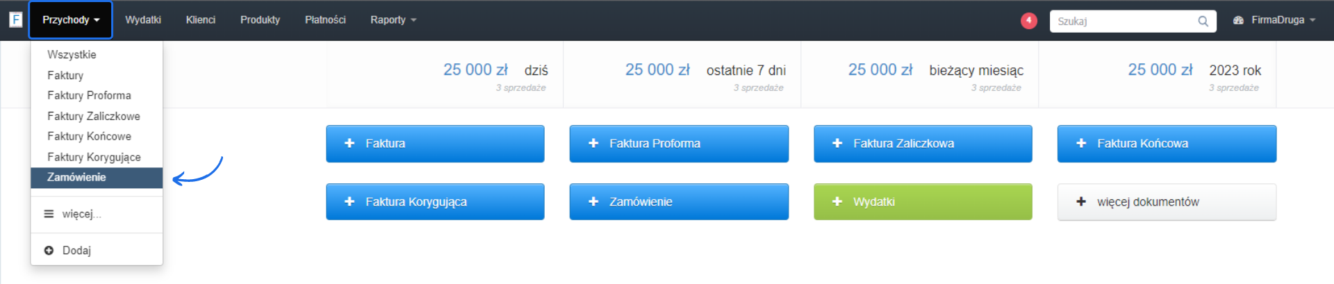 Panel użytkownika z opcjami tworzenia dokumentów: faktura, proforma, zamówienie, faktura końcowa
