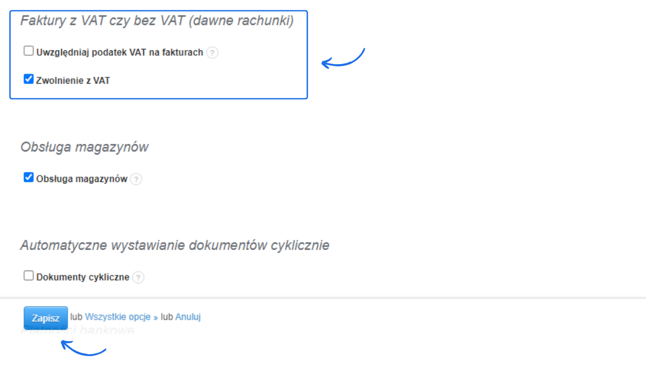 Ustawienia faktur: opcje uwzględniania podatku VAT, obsługi magazynów i automatycznego wystawiania dokumentów cyklicznych.