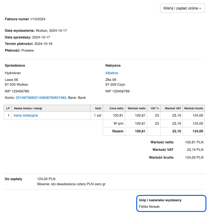 Podgląd faktury VAT nr 1/10/2024 z produktem karta izolacyjna, kwotą 124 zł i podpisem wystawcy Feliks Nowak