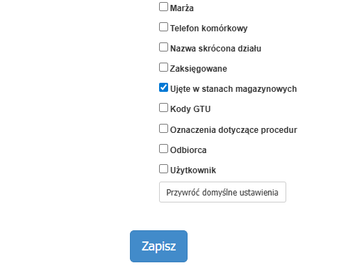 Lista opcji kolumn do wyświetlenia w tabeli, z zaznaczoną opcją „Ujęte w stanach magazynowych