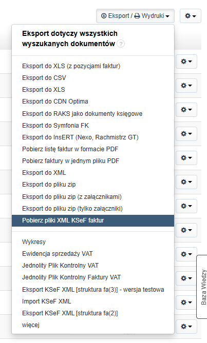 Menu eksportu dokumentów z rozwijaną listą opcji, podświetlona opcja „Pobierz pliki XML KSeF faktur” w systemie Fakturownia.