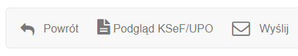 Panel akcji dokumentu z ikonami Powrót, KSeF/UPO oraz dostępu do obsługi faktur w systemie Fakturownia.