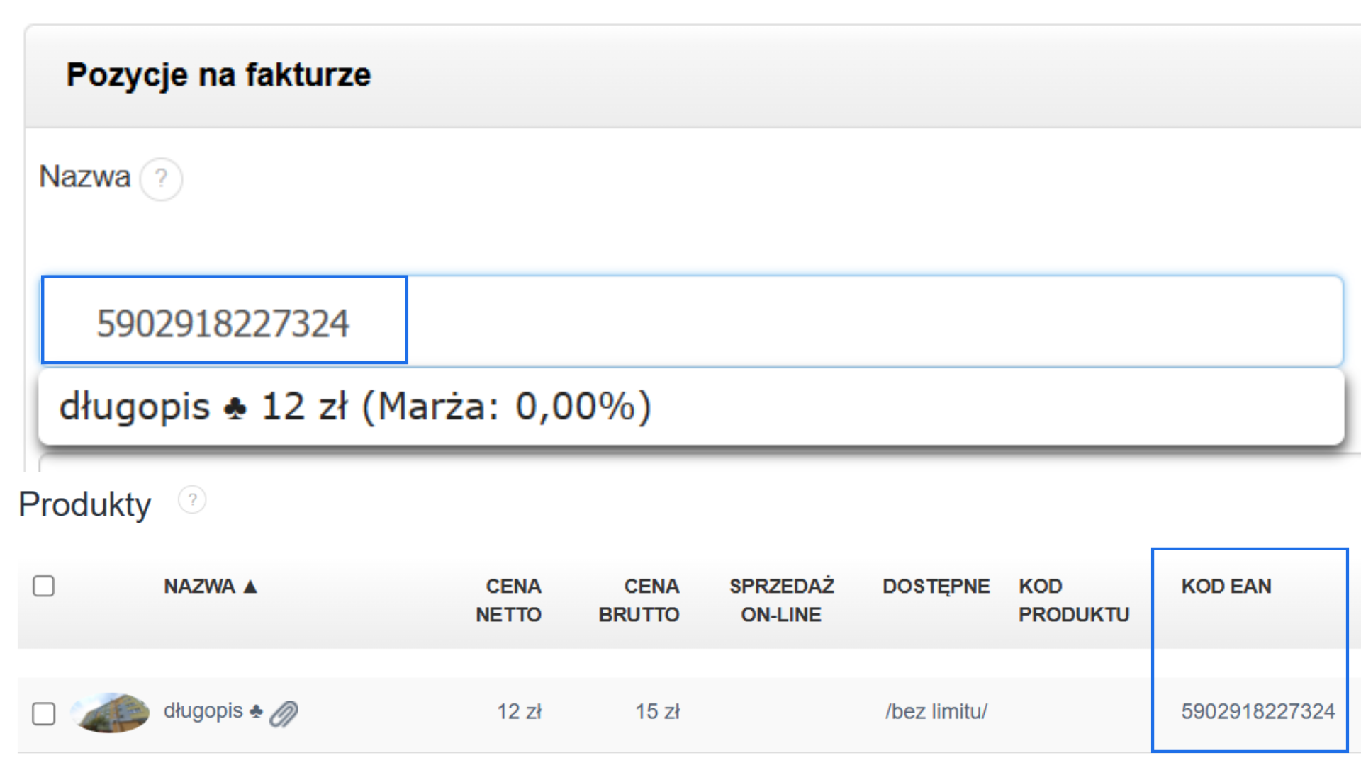 Dodawanie produktu do faktury po kodzie EAN 5902918227324 – długopis w cenie 12 zł netto.
