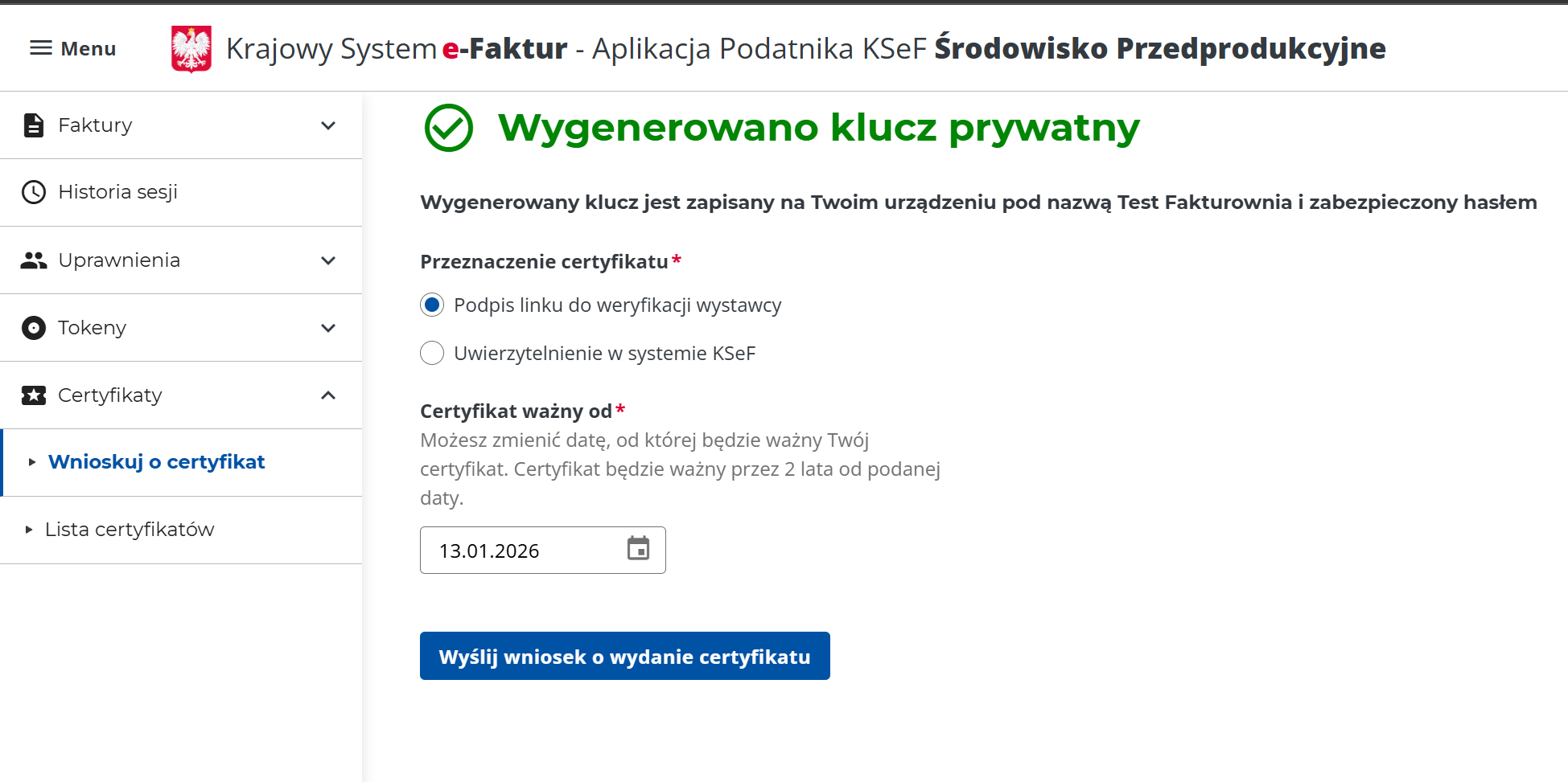 Proces generowania klucza prywatnego w Aplikacji Podatnika KSeF – wybór daty ważności i celu certyfikatu.