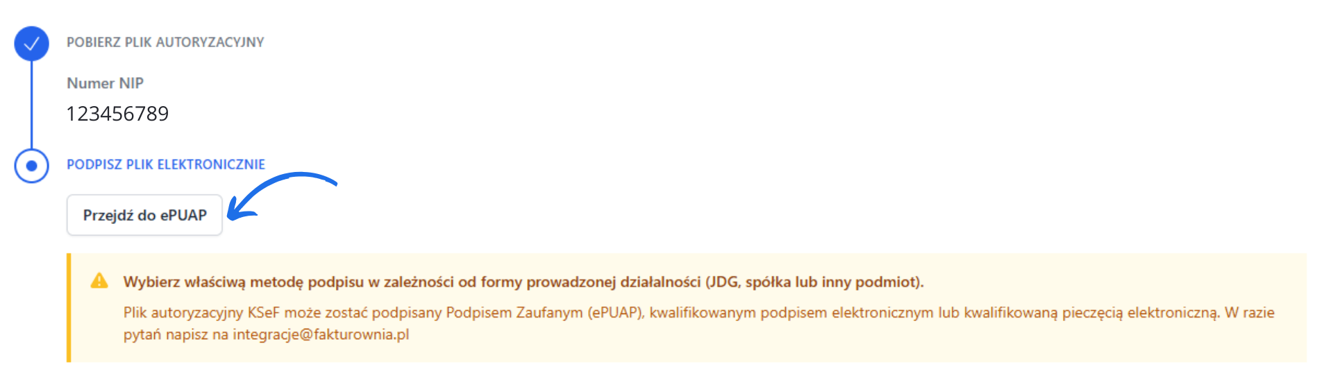 Użytkownik wybrał numer NIP, pobrał plik autoryzacyjny i ma możliwość przejścia do ePUAP w celu podpisania pliku elektronicznie.