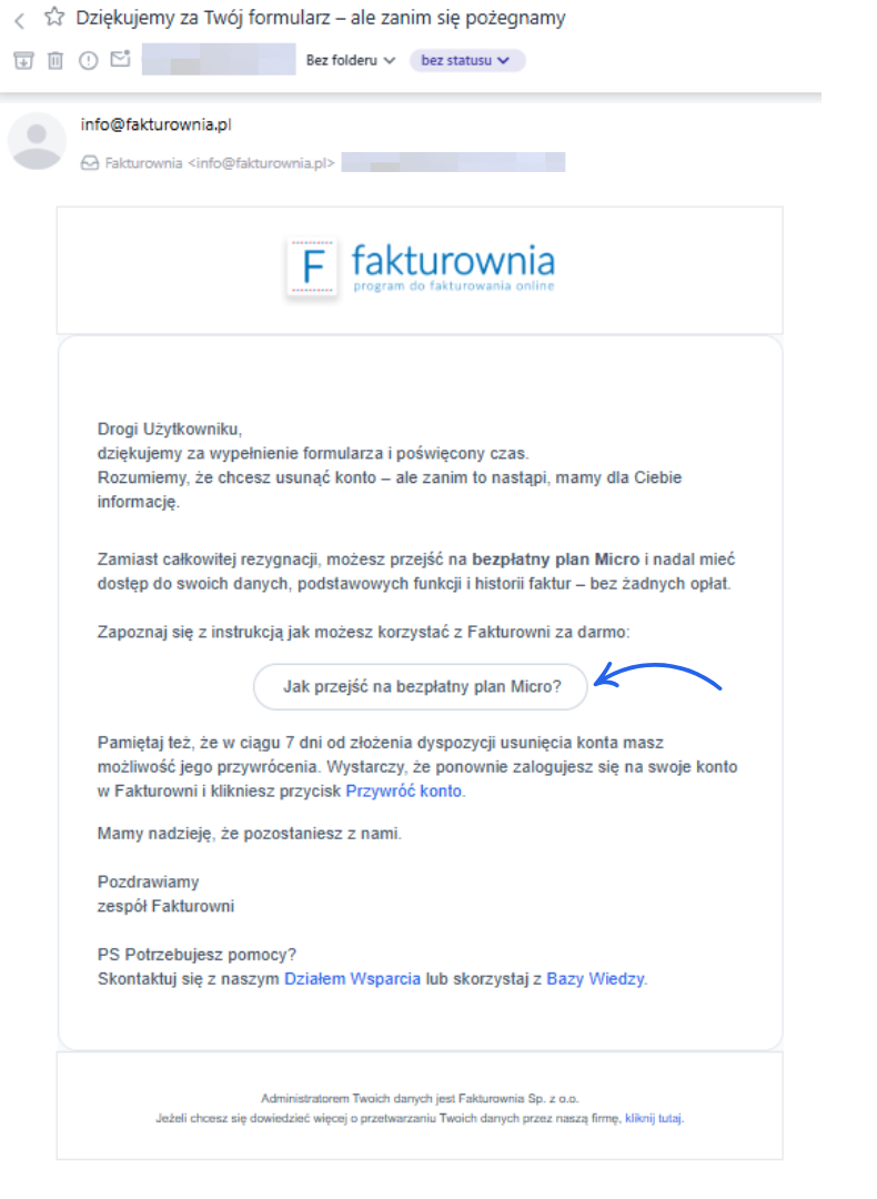 Mail z Fakturowni z propozycją bezpłatnego planu Micro zamiast usunięcia konta i zachowaniem historii faktur.