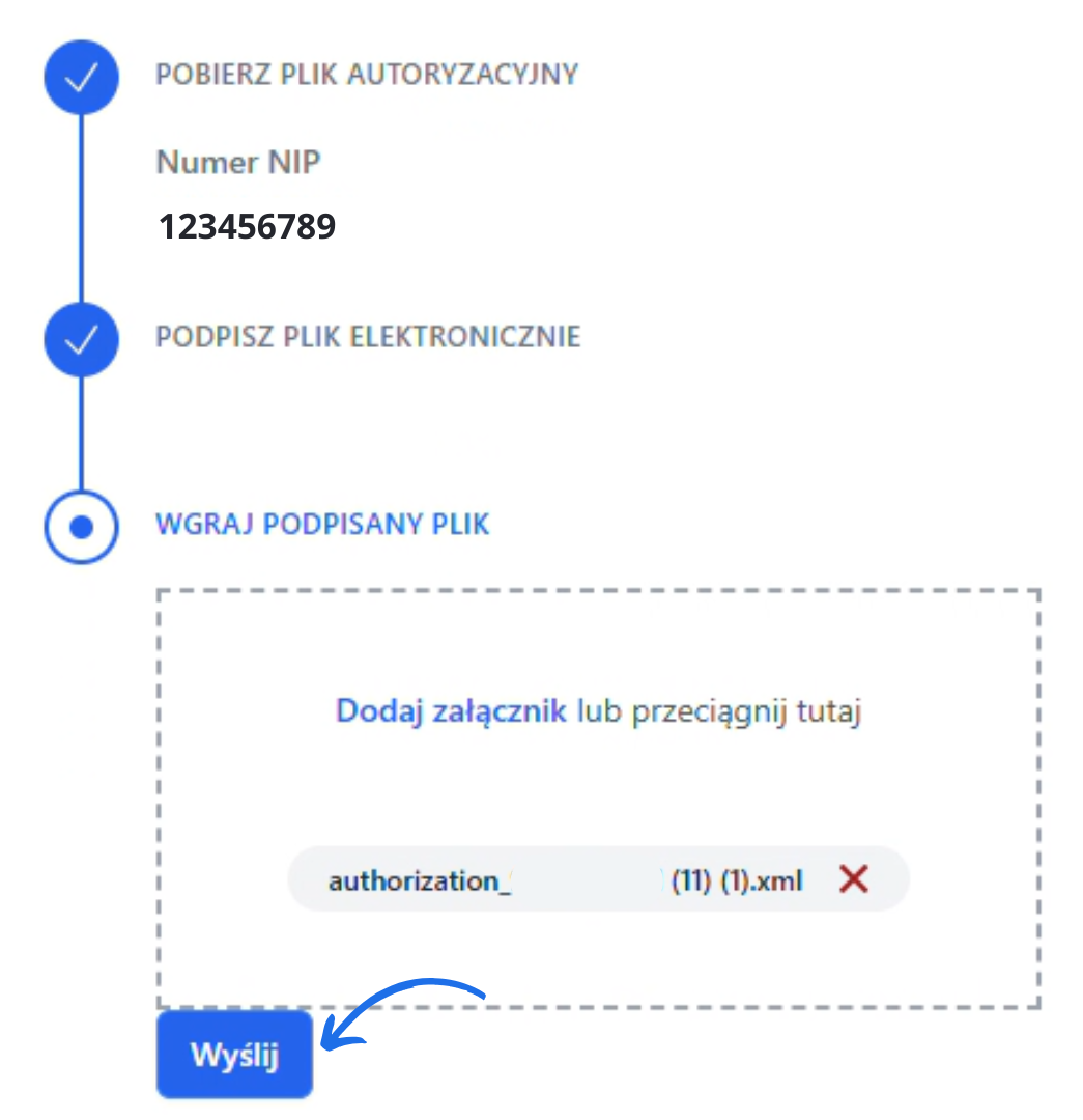 Ostatni krok autoryzacji integracji KSeF w Fakturowni. Użytkownik wgrał podpisany plik XML i może go przesłać za pomocą przycisku Wyślij.