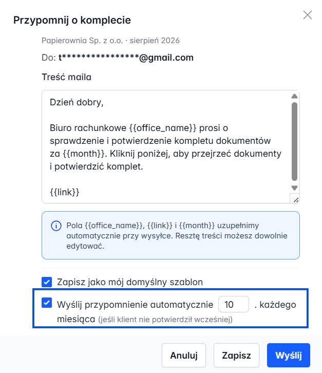 Formularz ze szczegółami firmy, miesiącem oraz treścią wysyłaną do klienta.