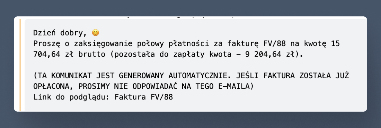 Wiadomość z prośbą o zaksięgowanie połowy płatności za fakturę FV/88 na kwotę 15 704,64 zł