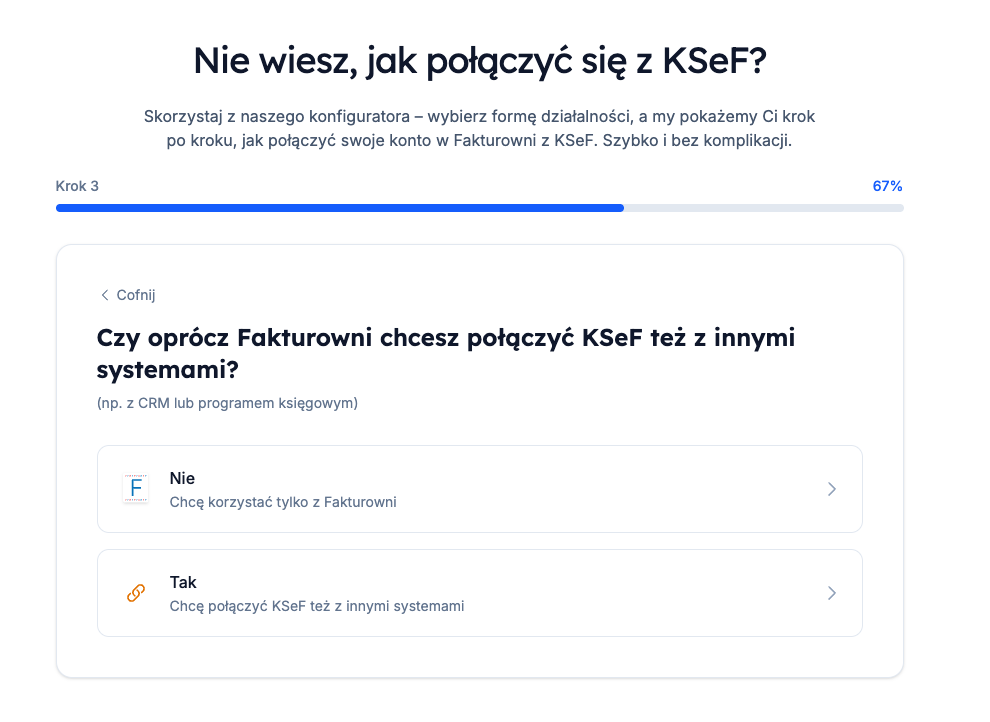 Konfigurator KSeF – krok 3 z pytaniem o integrację z innymi systemami
