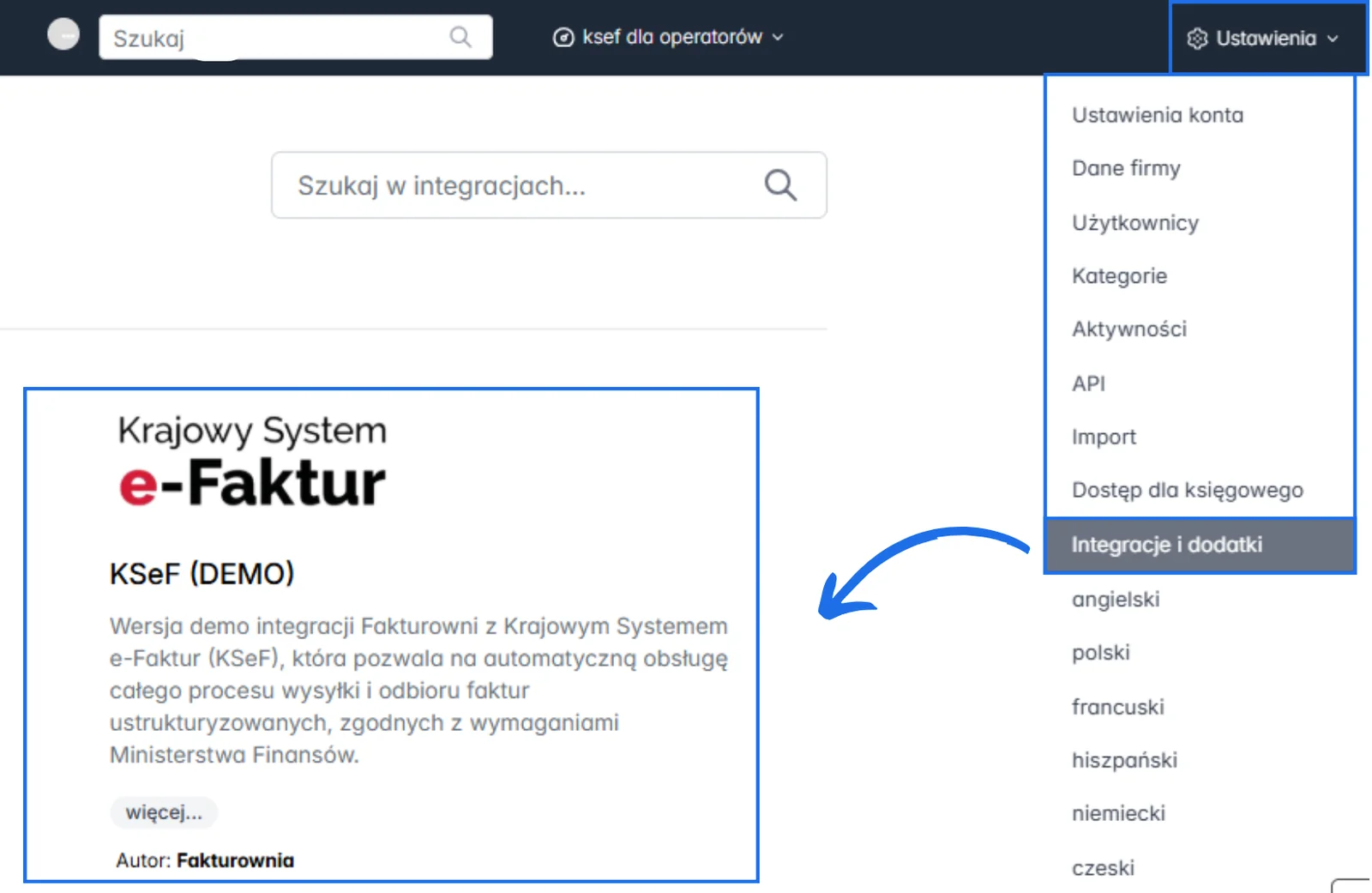 Panel Fakturowni z menu Ustawienia – opcja Integracje i dodatki z kartą KSeF DEMO