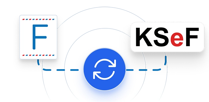 Logo Fakturowni i napis KSeF połączone ikoną synchronizacji