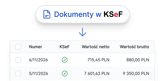Panel Dokumenty w KSeF z tabelą faktur zawierającą wartości netto i brutto