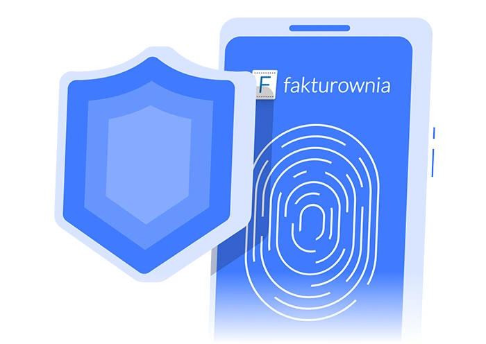 Smartfon z logo Fakturowni i odciskiem palca na ekranie na tle tarczy bezpieczeństwa