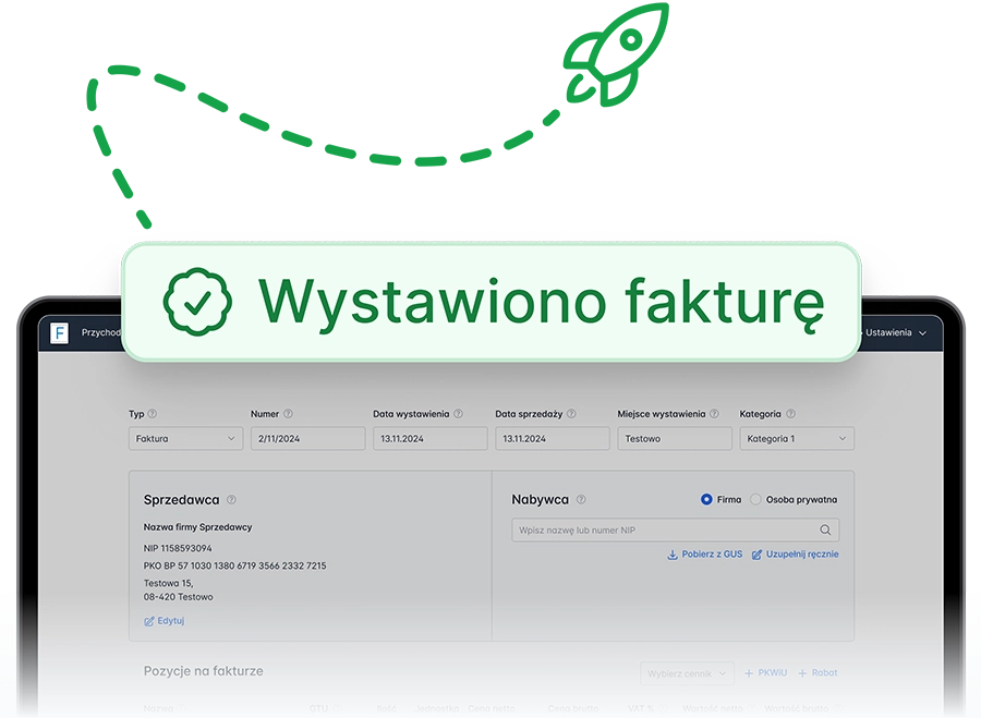 Formularz faktury w Fakturowni z komunikatem Wystawiono fakturę i ikoną rakiety