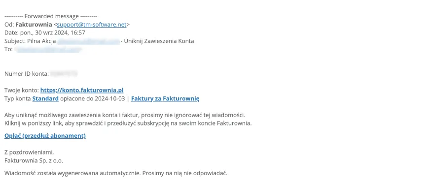 Przekazana wiadomość e-mail z prośbą o przedłużenie subskrypcji konta Fakturownia