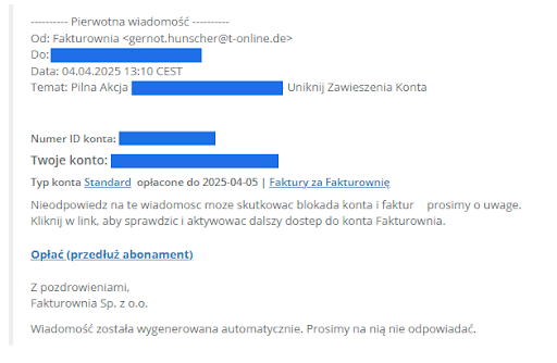 E-mail z ostrzeżeniem o blokadzie konta z linkiem Opłać (przedłuż abonament)