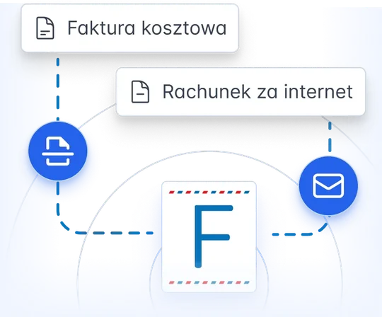 Schemat przepływu z ikonami dokumentów, strzałek i koperty
