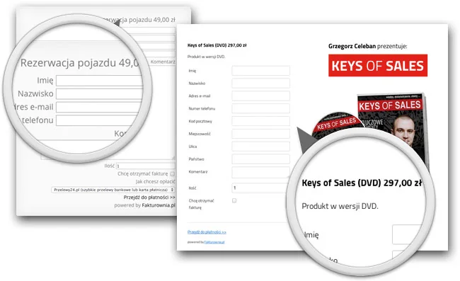 Formularze zamówienia dla Keysofsales i rezerwacji pojazdu Sunauto z podsumowaniem płatności