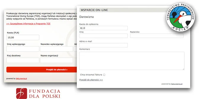 Formularze darowizny dla Fundacji dla Polski i Towarzystwa Przyrodniczego Bocian