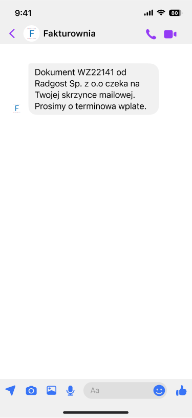 Rozmowa SMS z Fakturownią: powiadomienie, że dokument WZ22141 czeka na opłacenie
