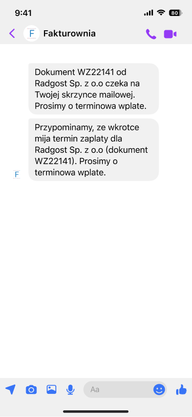 Ta sama rozmowa z dodanym przypomnieniem o zbliżającym się terminie zapłaty