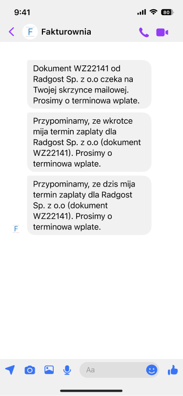 Ta sama rozmowa z dodanym przypomnieniem wysłanym w dniu terminu zapłaty