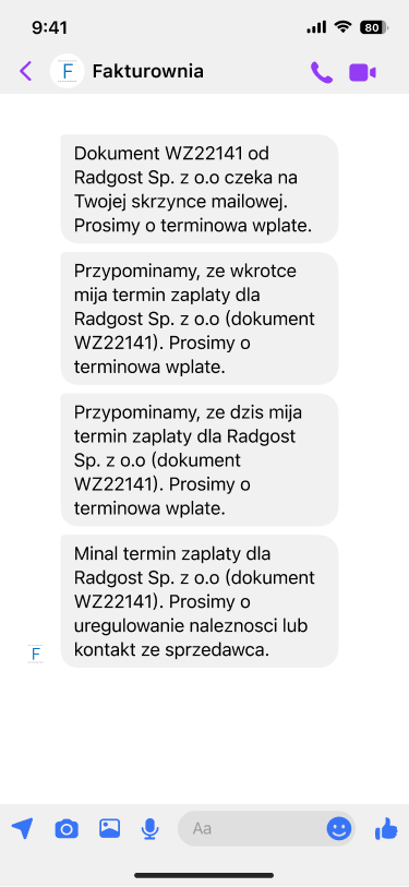 Ta sama rozmowa z dodanym powiadomieniem o minionym terminie zapłaty