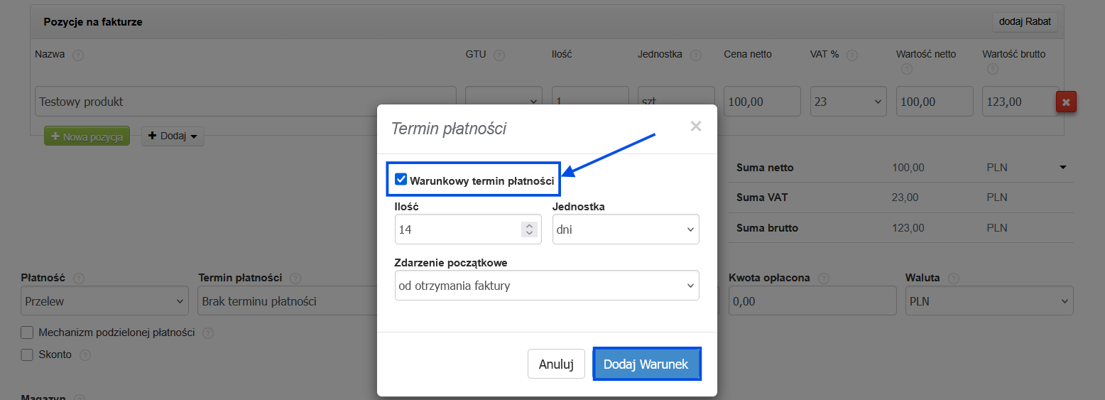 Formularz tworzenia faktury z oknem do ustalenia warunkowego terminu płatności.