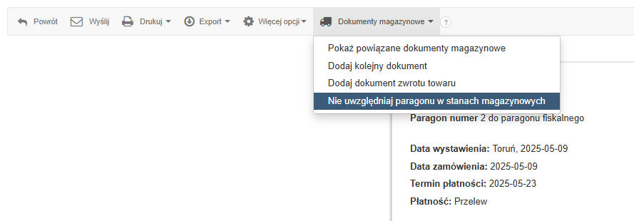 Rozwinięte menu Dokumenty magazynowe z podświetloną opcją Nie uwzględniaj paragonu w stanach magazynowych