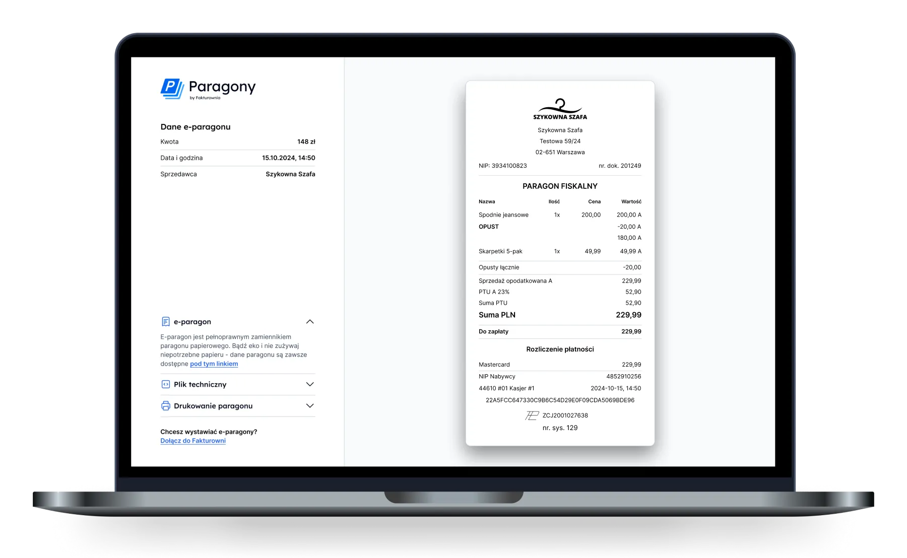 Panel aplikacji Paragony by Fakturownia z danymi e-paragonu i paragonem fiskalnym sklepu Szykowna Szafa