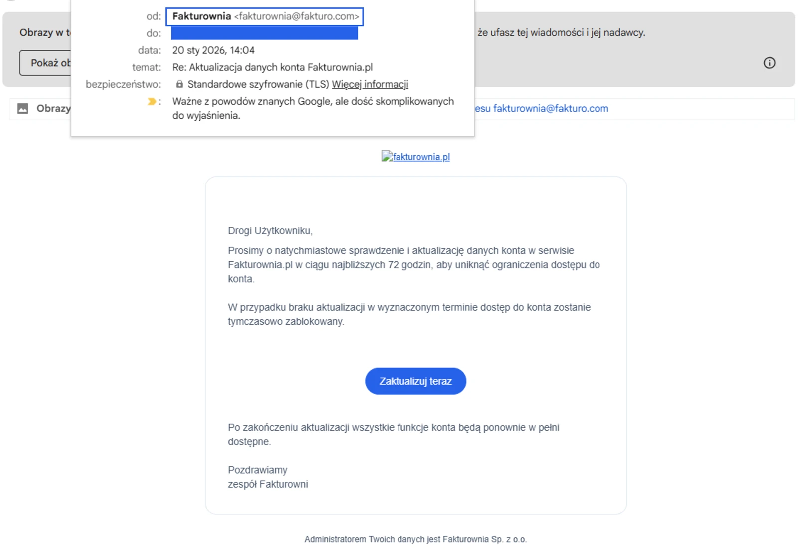 E-mail z prośbą o aktualizację danych konta z przyciskiem Zaktualizuj teraz