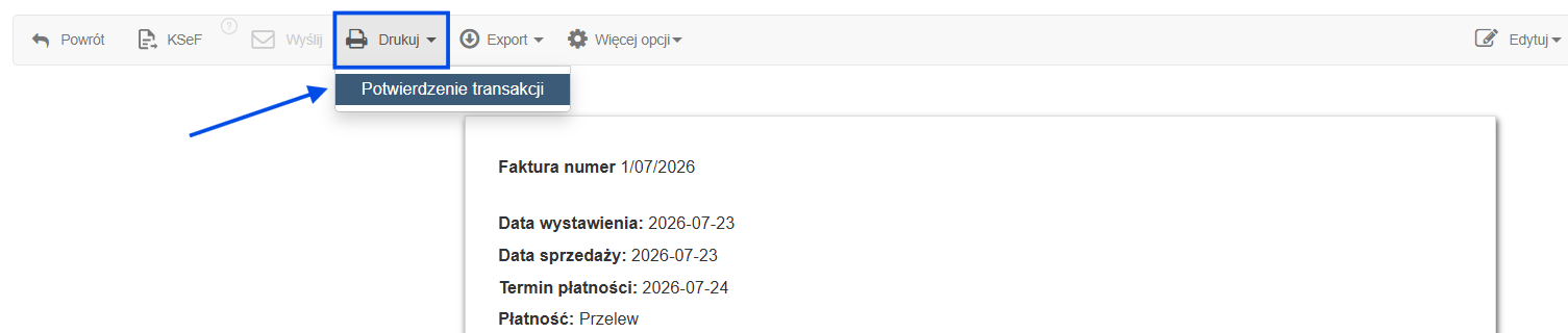 Podgląd faktury w systemie Fakturownia z opcją wygenerowania potwierdzenia transakcji poprzez opcję drukuj.