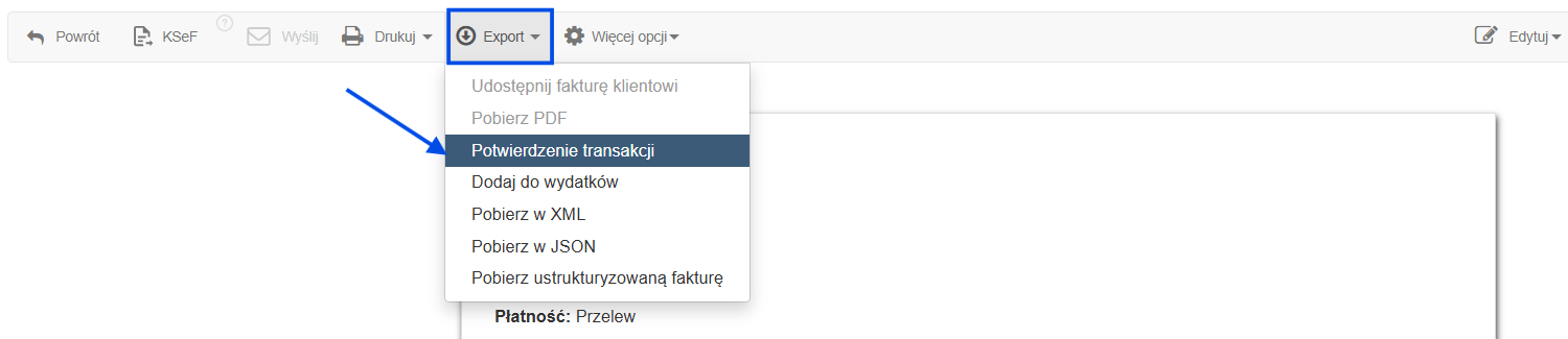 Podgląd faktury sprzedażowej z opcją pobrania potwierdzenia transakcji za pomocą opcji export.