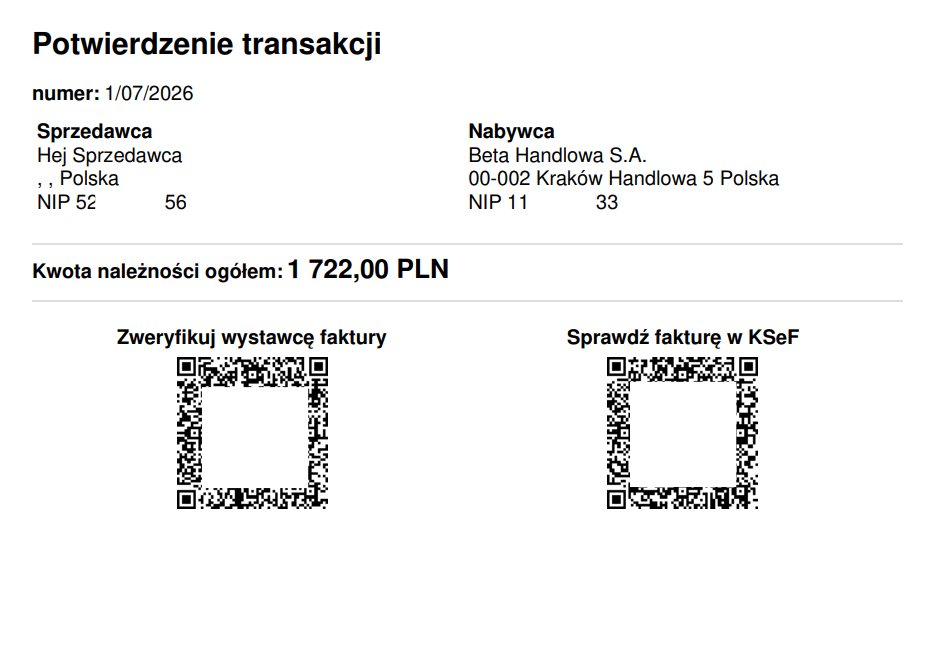 Przykładowe potwierdzenie transakcji dla faktury wysłanej w trybie offline.