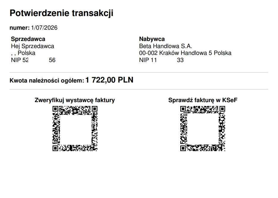 Przykładowe potwierdzenie transakcji dla faktury wysłanej w trybie offline.