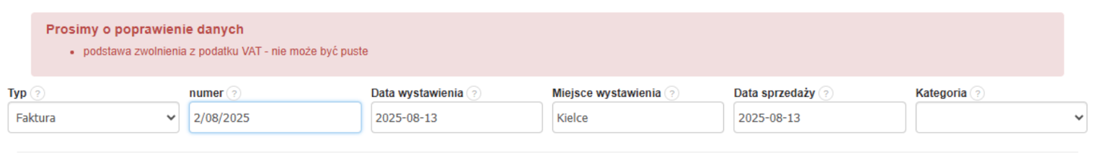 Komunikat błędu walidacji: podstawa zwolnienia z podatku VAT nie może być pusta