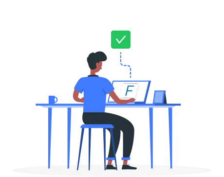 Mężczyzna przy laptopie z logo Fakturownia i ikoną zatwierdzenia