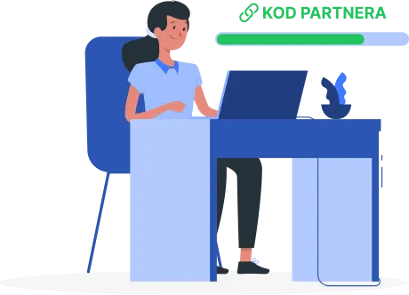 Kobieta przy laptopie z etykietą Kod partnera i ikoną linku