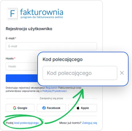 Formularz rejestracji Fakturownia z polem na kod polecającego