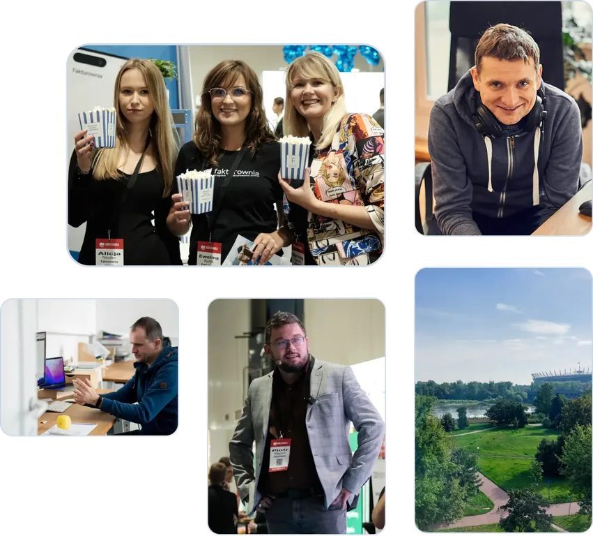 Kolaż zdjęć zespołu Fakturowni: trzy kobiety na evencie, mężczyzna przy laptopie, mężczyzna w garniturze i widok na park