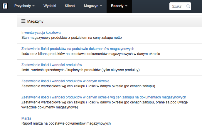 Lista raportów magazynowych w zakładce Raporty w Fakturowni