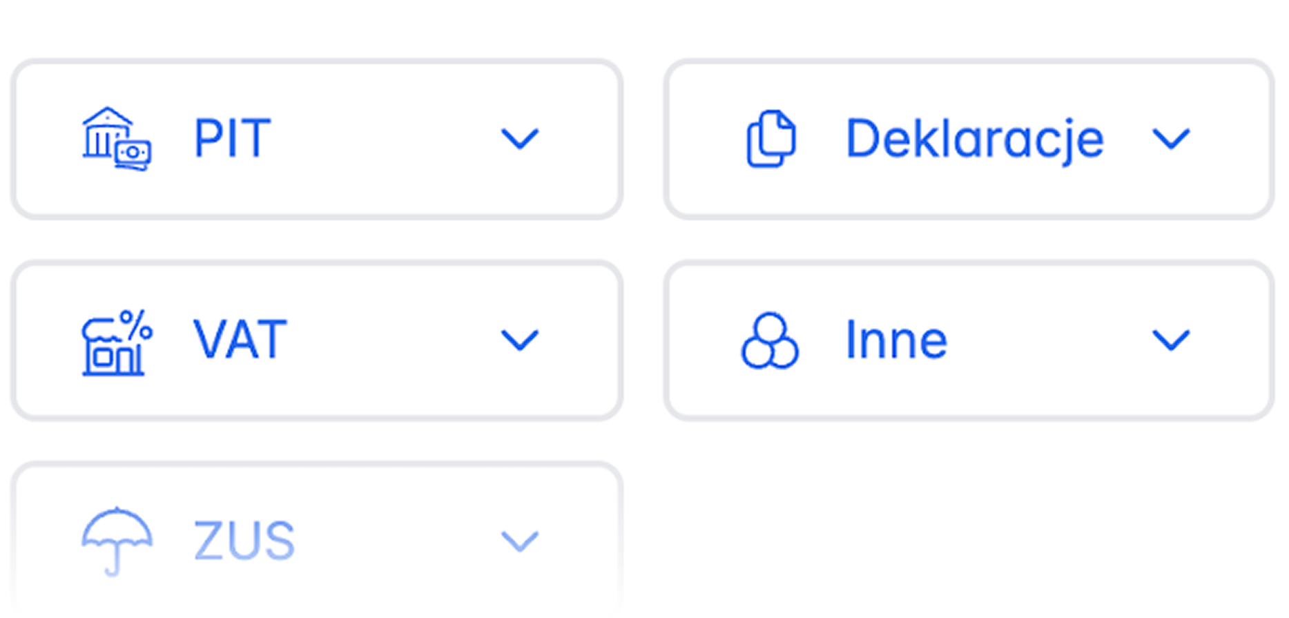 Dropdowny z kategoriami rozliczeń: PIT, Deklaracje, VAT, Inne, ZUS