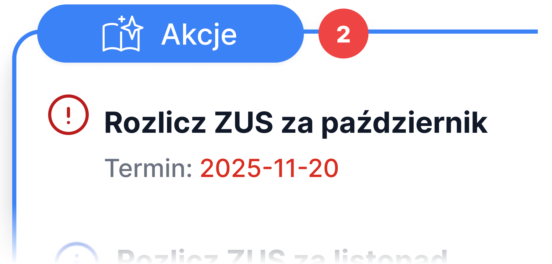 Panel Akcje z zadaniem Rozlicz ZUS za październik i terminem 2025-11-20