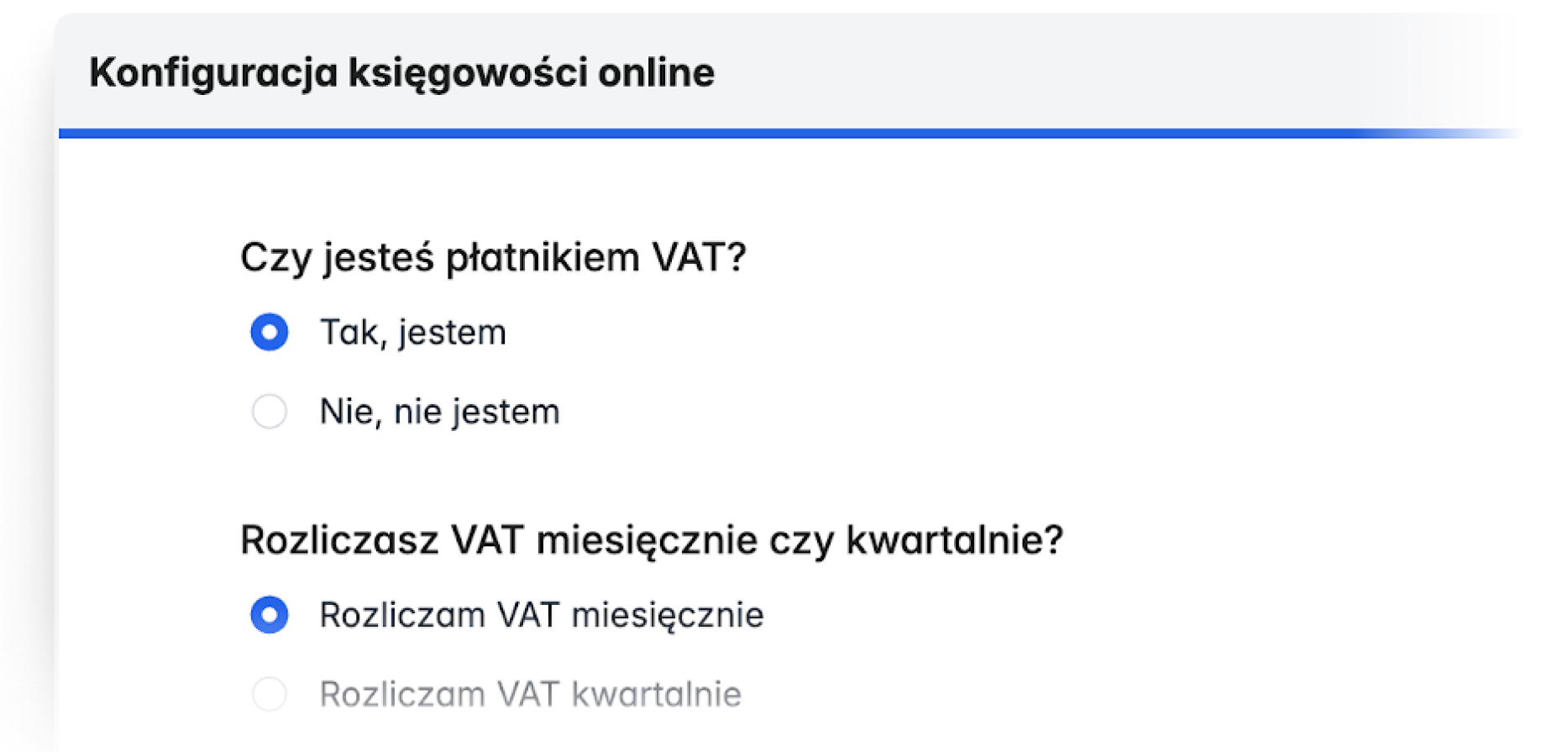 Formularz konfiguracji księgowości online z pytaniami o status VAT i częstotliwość rozliczeń