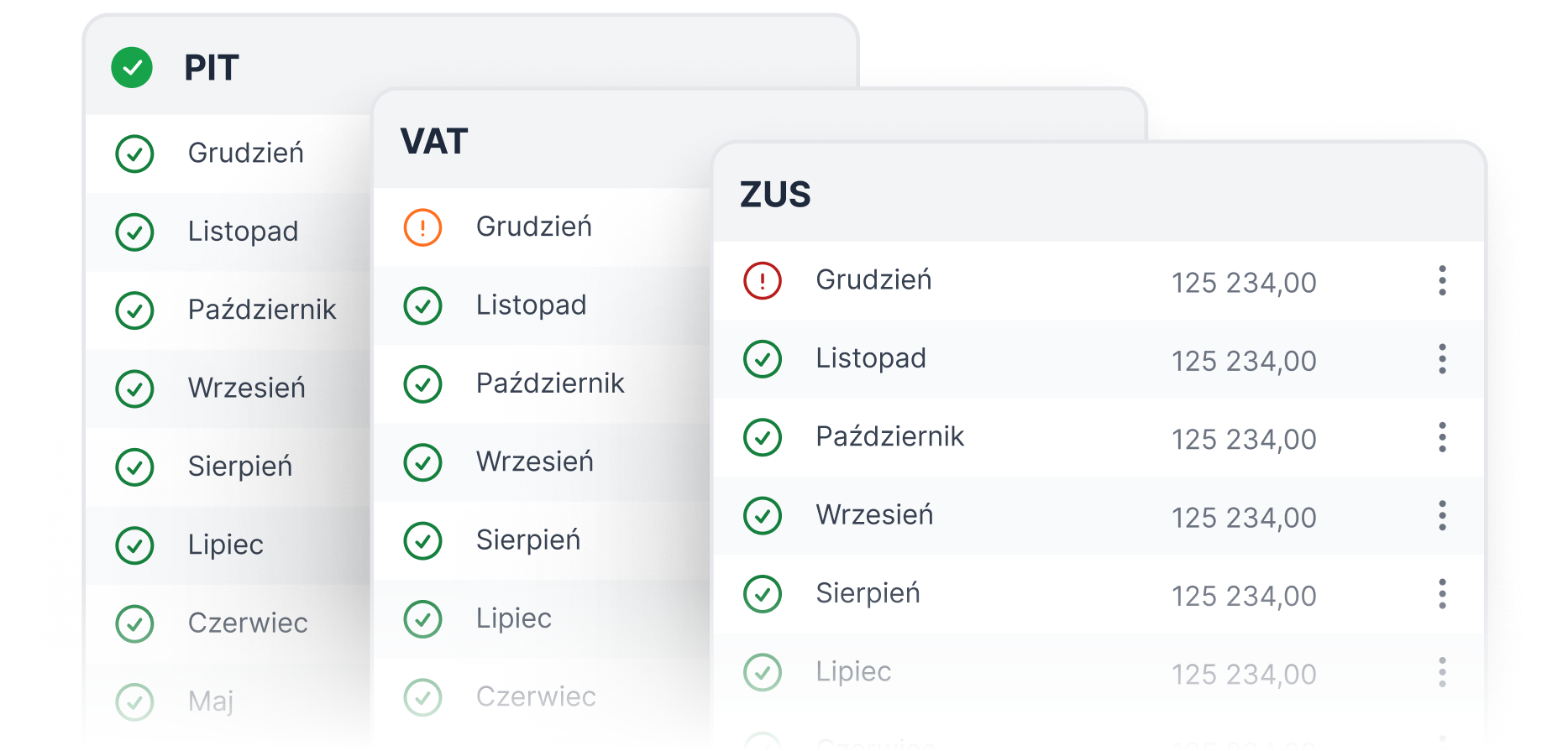Zakładki PIT, VAT i ZUS z miesięcznymi zestawieniami kwot